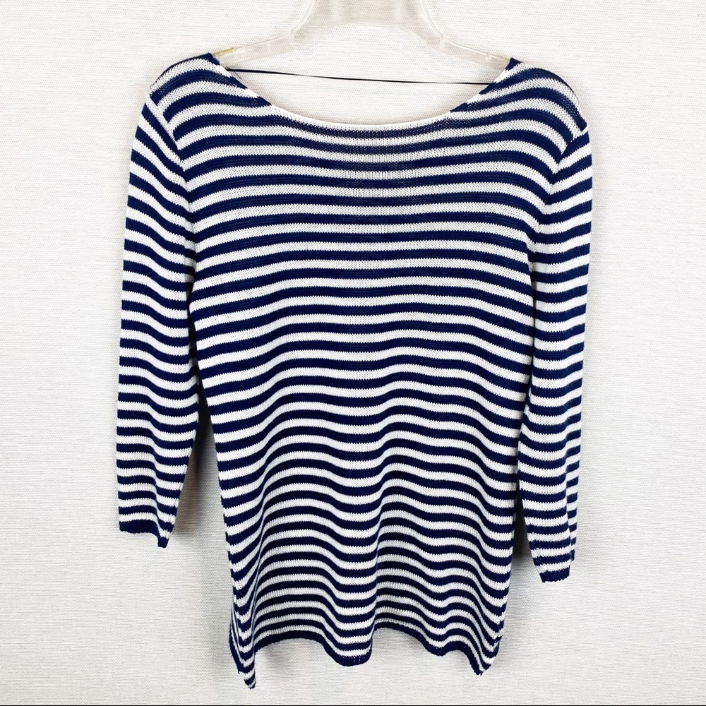 ZARA Navy Blue & White Striped Knit Sweater - Keyhole Back - Size L